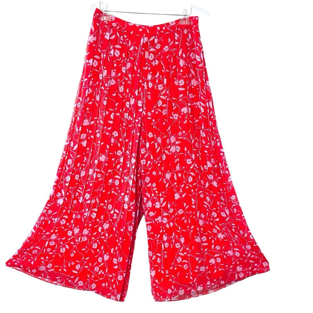 INC salmon pink red-ish Accordion Pleats Palazzo Pants sheer lined Wide Leg M